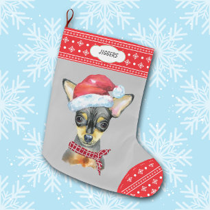 Santa Hat Chihuahua with Snowflake Border Large Christmas Stocking