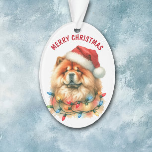 Santa Hat Chow Chow Dog in Holiday Light String Ornament