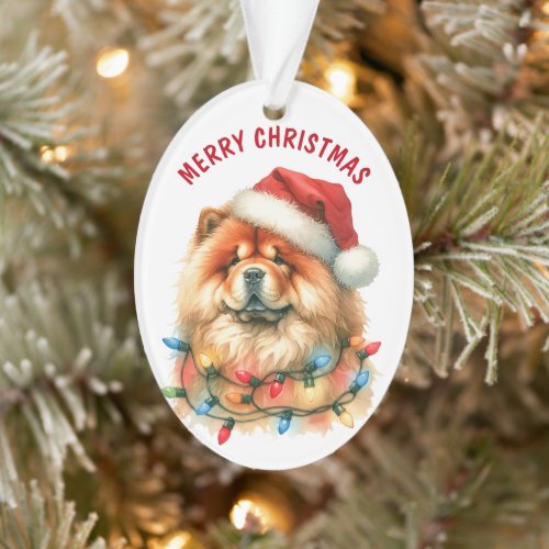 Santa Hat Chow Chow Dog in Holiday Light String  Ornament
