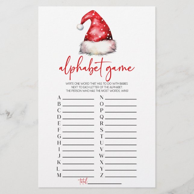 Santa Hat Christmas Alphabet Baby Shower Game Stationery (Front)