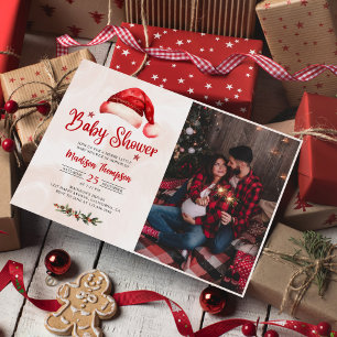 Santa Hat Christmas Baby Shower Photo Invitation