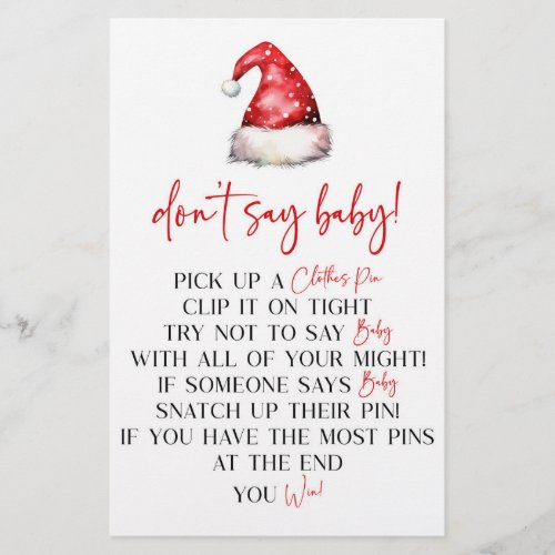 Santa Hat Christmas Dont Say Baby Shower Game Stationery