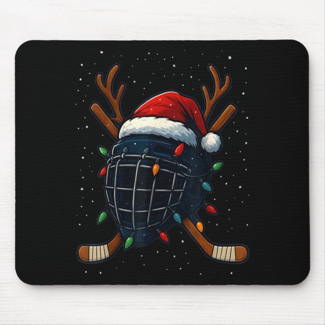 Santa Hat Christmas Ice Hockey Helmet Player Reind Mouse Pad (Front)