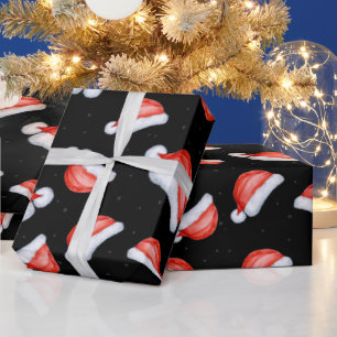 Santa Hat Christmas pattern black background Wrapping Paper