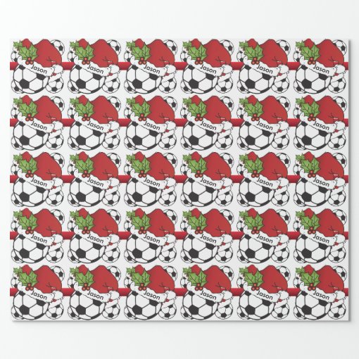 Santa Hat Christmas Soccer Ball | DIY Name Wrapping Paper | Zazzle