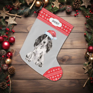 Santa Hat Cocker Spaniel Snowflake Border Large Christmas Stocking