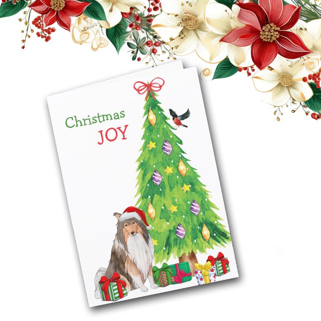 Santa Hat Collie Dog and Christmas Tree Holiday Card (Creator Uploaded)