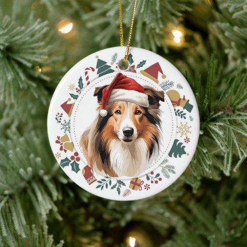 Santa Hat Collie Dog Holiday Images Wreath Ceramic Ornament