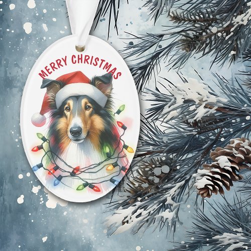 Santa Hat Collie Dog in Holiday Light String  Ornament