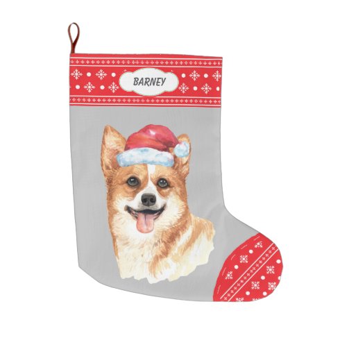 Santa Hat Corgi Snowflake Border Large Christmas Stocking