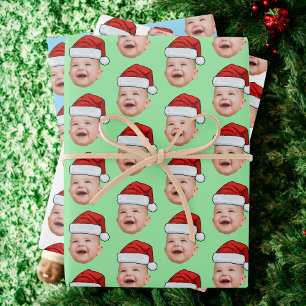 Santa Hat Custom Face Photo Christmas Wrapping Paper Sheets