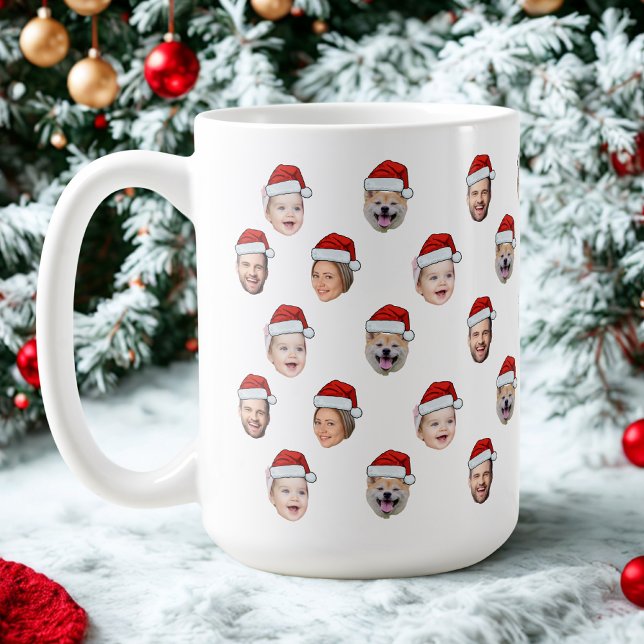 Santa Hat Custom Family Face 4 Photos Christmas Coffee Mug (Creator Uploaded)
