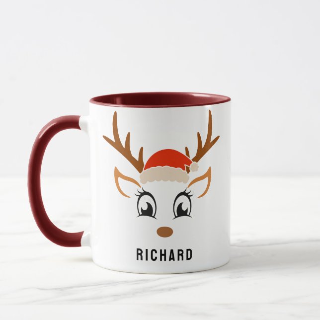 Santa Hat Cute Reindeer Boy Christmas Maroon Mug (Left)