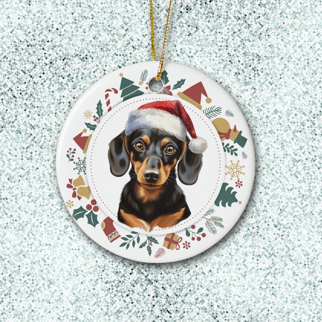 Santa Hat Dachshund Dog Christmas Images Wreath Ceramic Ornament (Creator Uploaded)
