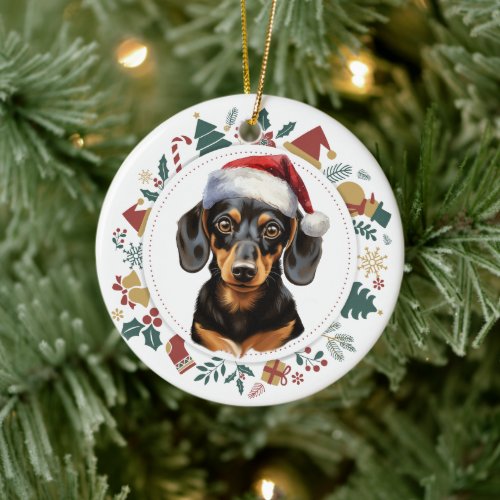 Santa Hat Dachshund Dog Christmas Images Wreath Ceramic Ornament