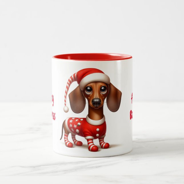 Santa Hat Dachshund Two-Tone Coffee Mug (Center)