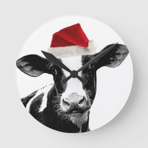 Santa Hat Dairy Cow Round Clock