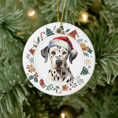 Santa Hat Dalmatian Dog Christmas Images Wreath Ceramic Ornament