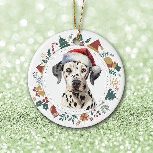 Santa Hat Dalmatian Dog Christmas Images Wreath Ceramic Ornament