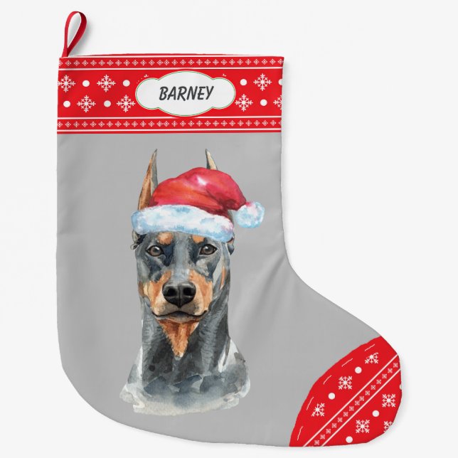 Santa Hat Doberman Snowflake Border Large Christmas Stocking (Front)