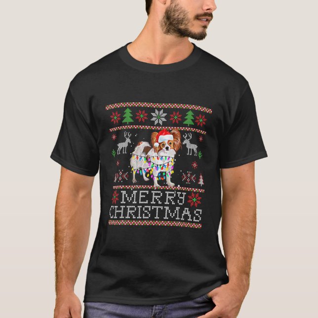 Santa Hat Dog Christmas Tree Lights Holiday Santa T-Shirt (Front)