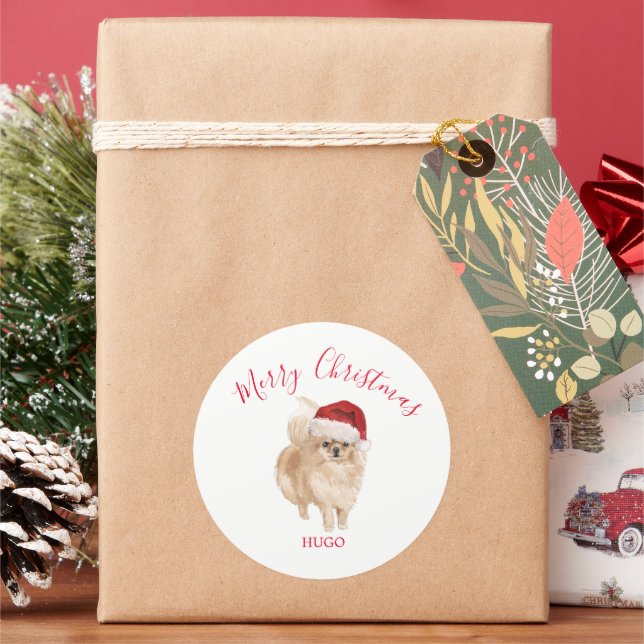 Santa Hat Dog Pomeranian Merry Christmas Classic Round Sticker (Holiday)