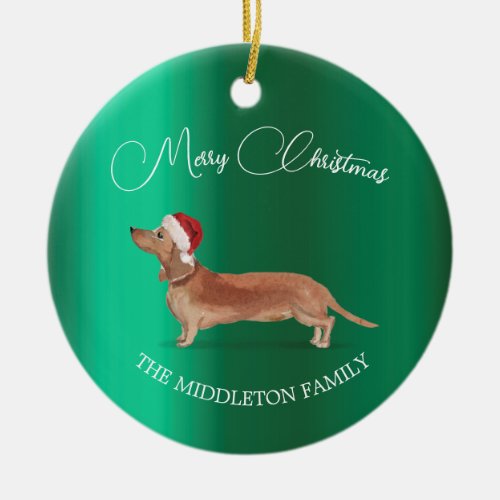 Santa Hat Dog Tan Dachshund Green Merry Christmas Ceramic Ornament