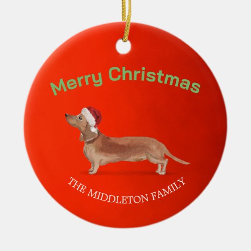 Santa Hat Dog Tan Dachshund Red Merry Christmas Ceramic Ornament