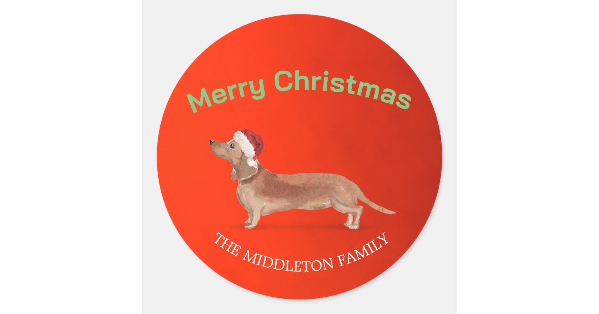 Santa Hat Dog Tan Dachshund Red Merry Christmas Classic Round Sticker ...