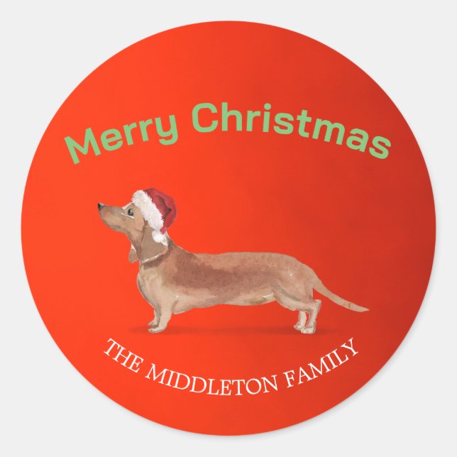 Santa Hat Dog Tan Dachshund Red Merry Christmas Classic Round Sticker (Front)