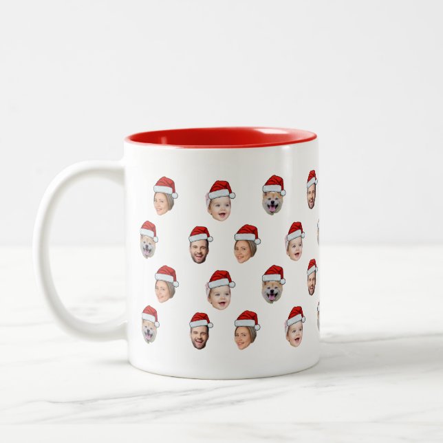 Santa Hat Face Custom Family 4 Photos Christmas Two-Tone Coffee Mug (Left)