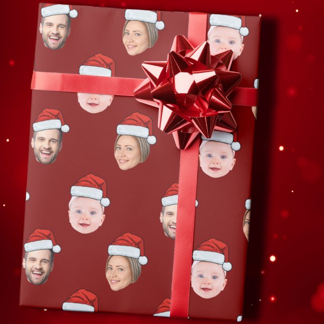 Santa Hat Face Gift, Custom Face 3 Photo Christmas Wrapping Paper (Creator Uploaded)