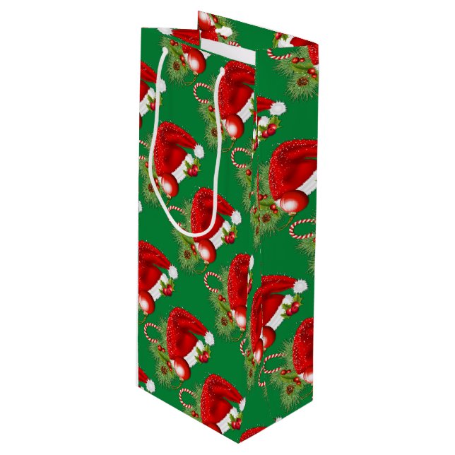 Santa Hat Festive Christmas Green Wine Gift Bag (Front Angled)