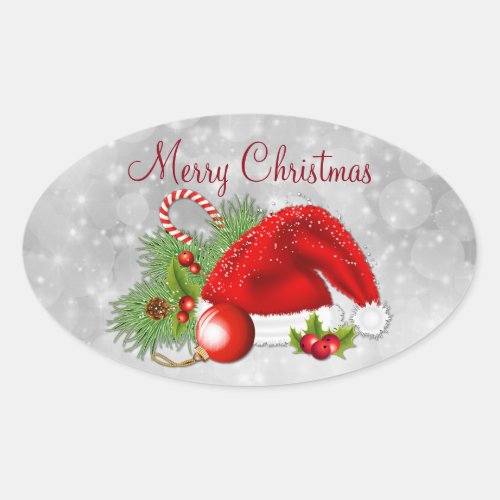 Santa Hat Festive Christmas Oval Sticker