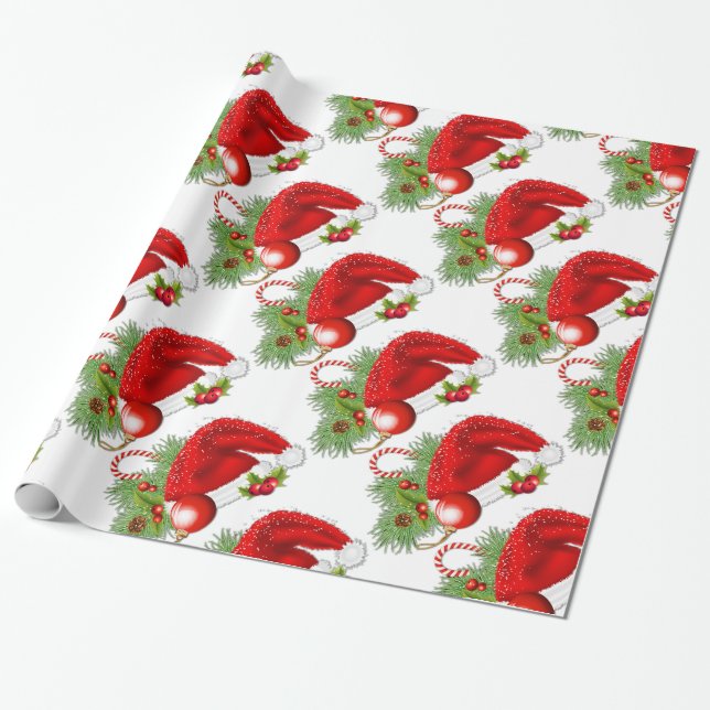 Santa Hat Festive Christmas Wrapping Paper (Unrolled)