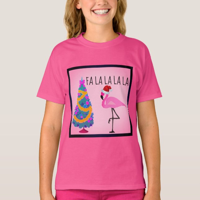 Santa Hat Flamingo Girl's T-Shirt (Front)