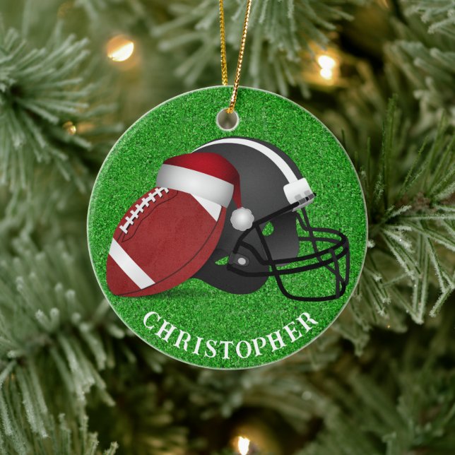 Santa Hat Football and Helmet Christmas  Ceramic Ornament (Tree)