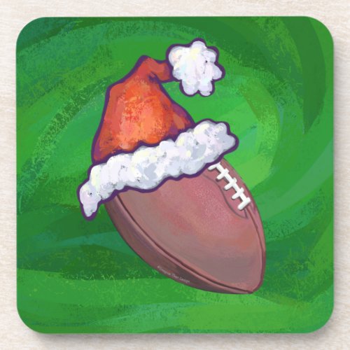 Santa Hat Football on Green Beverage Coaster