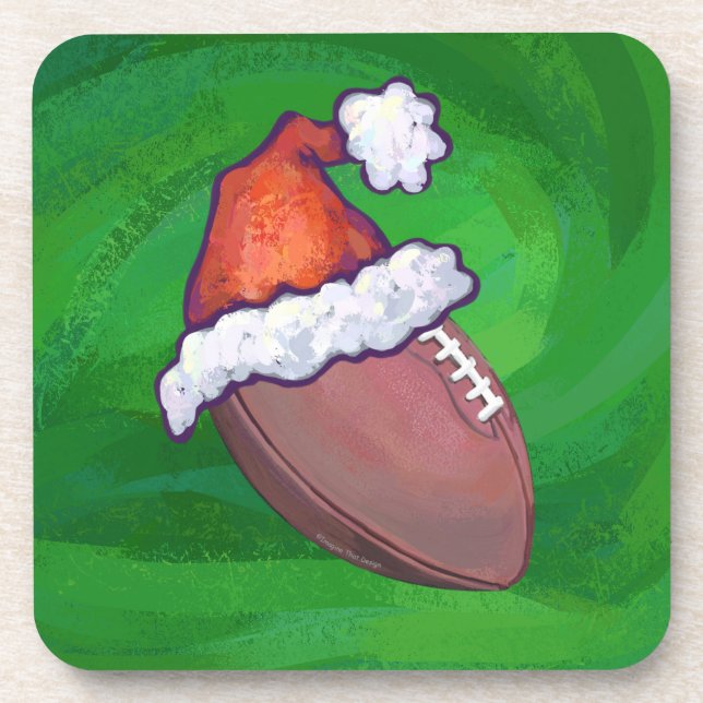 Santa Hat Football on Green Beverage Coaster (Front)