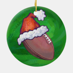 Santa Hat Football on Green Ceramic Ornament