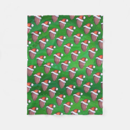 Santa Hat Football on Green Fleece Blanket