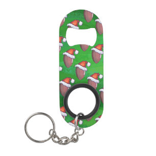Santa Hat Football on Green Keychain Bottle Opener