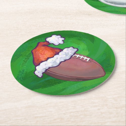 Santa Hat Football on Green Round Paper Coaster