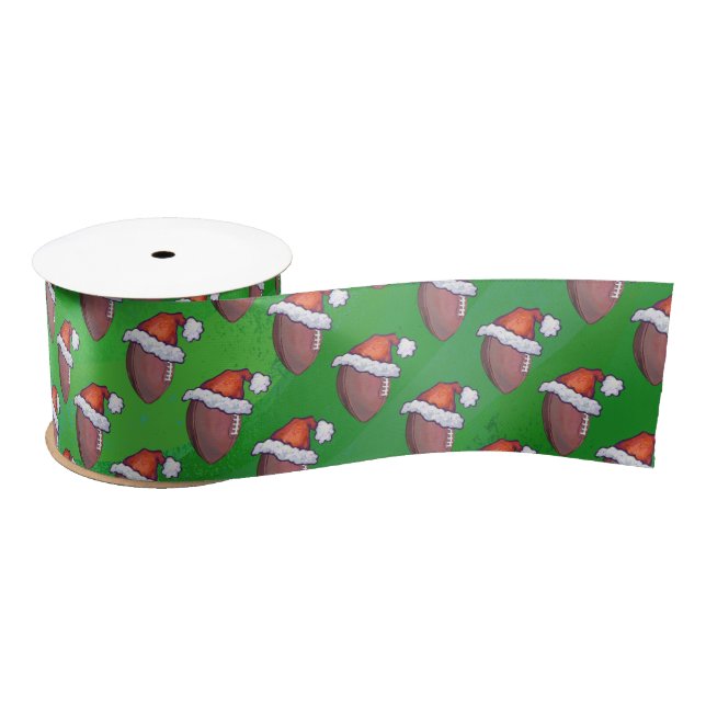 Santa Hat Football on Green Satin Ribbon (Spool)