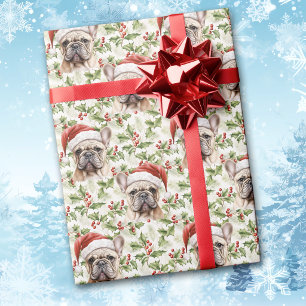 Santa Hat French Bulldog Christmas Holly Wrapping Paper