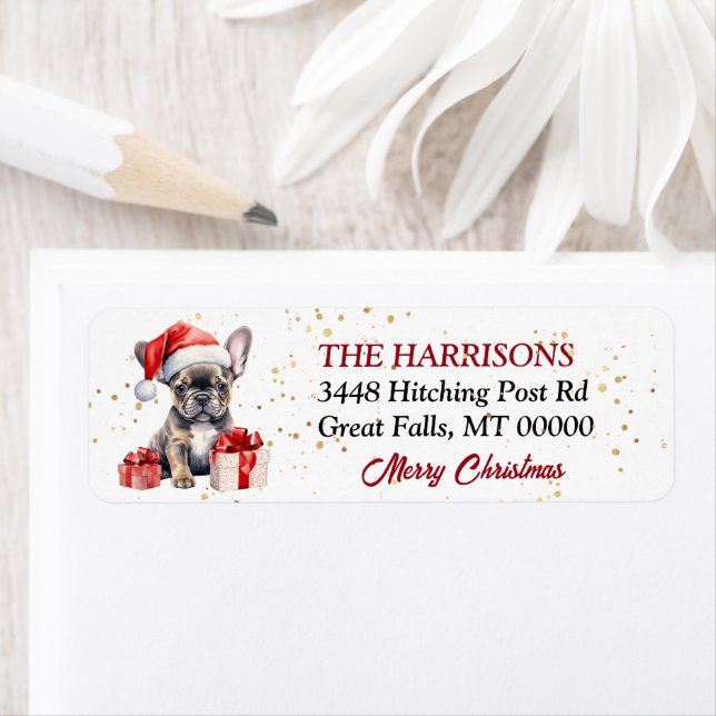Santa Hat French Bulldog Puppy Gifts Label (Insitu)