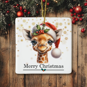 Santa Hat Funny Giraffe Merry Christmas Ceramic Ornament