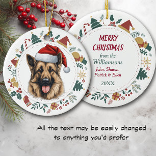 Santa Hat German Shepherd Christmas Images Wreath Ceramic Ornament
