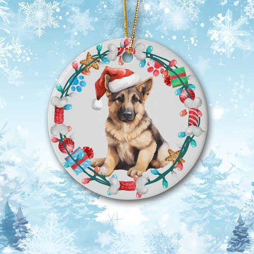 Santa Hat German Shepherd Puppy Bone Wreath Ceramic Ornament