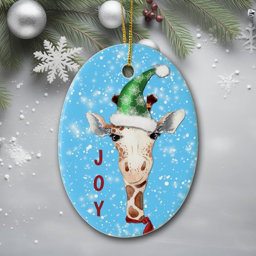 Santa Hat Giraffe Snowflake Background Kids Ceramic Ornament